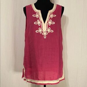 Tommy Bahama Pink Embroidered Sleeveless Airy Lightweight Linen Large Tunic Top